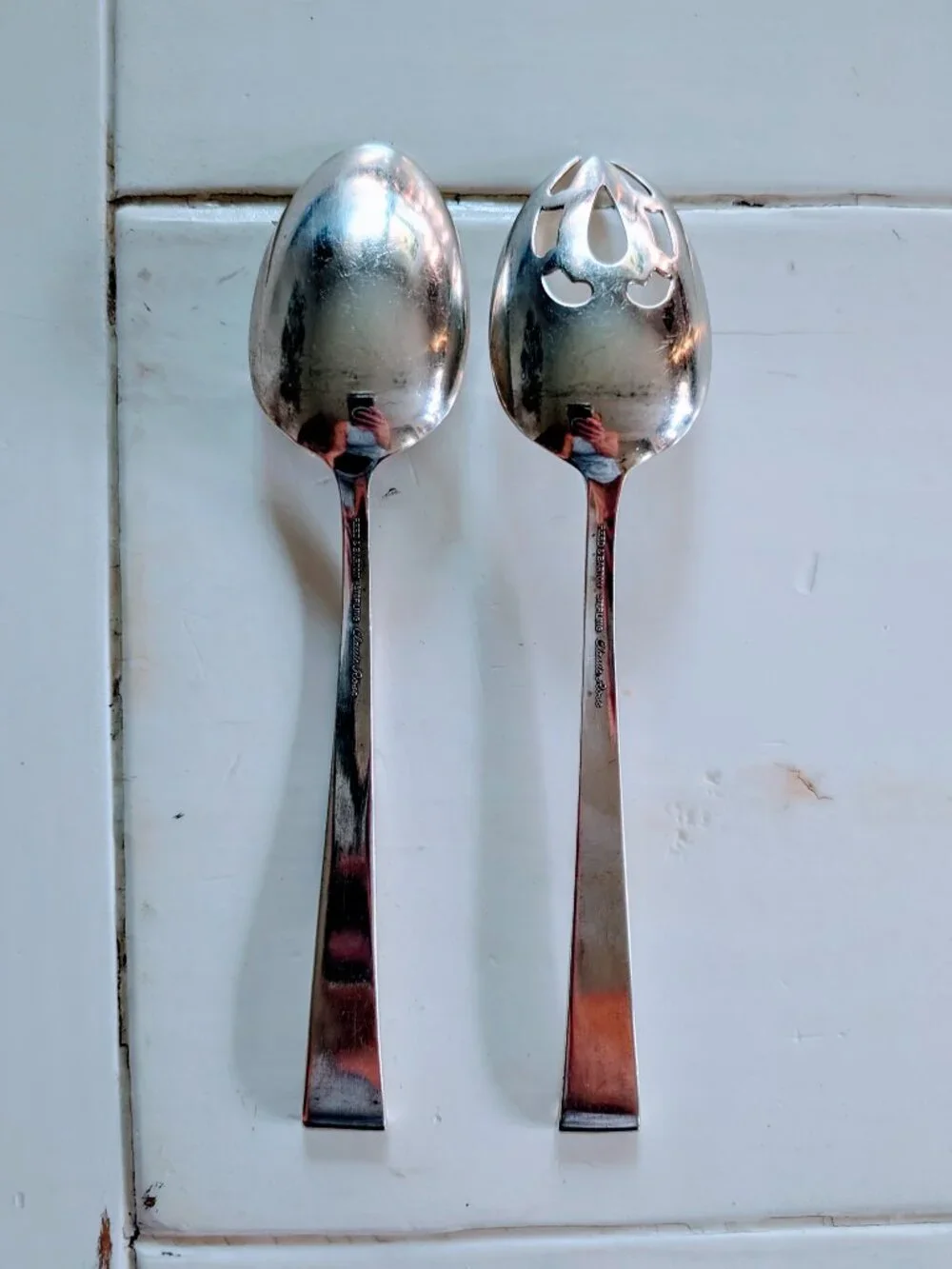 VTG 2 pc Reed & Barton Classic Rose Sterling Silver Table Serving Spoon Pierced